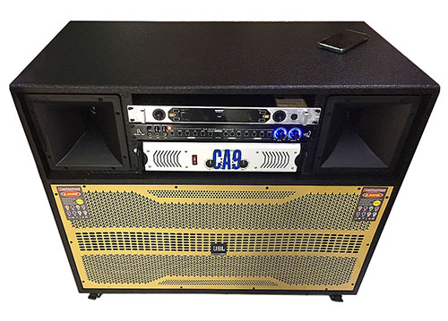 Loa kéo điện T8500, thùng gỗ dạng tủ để TV, 2 bass RCF 4 tấc